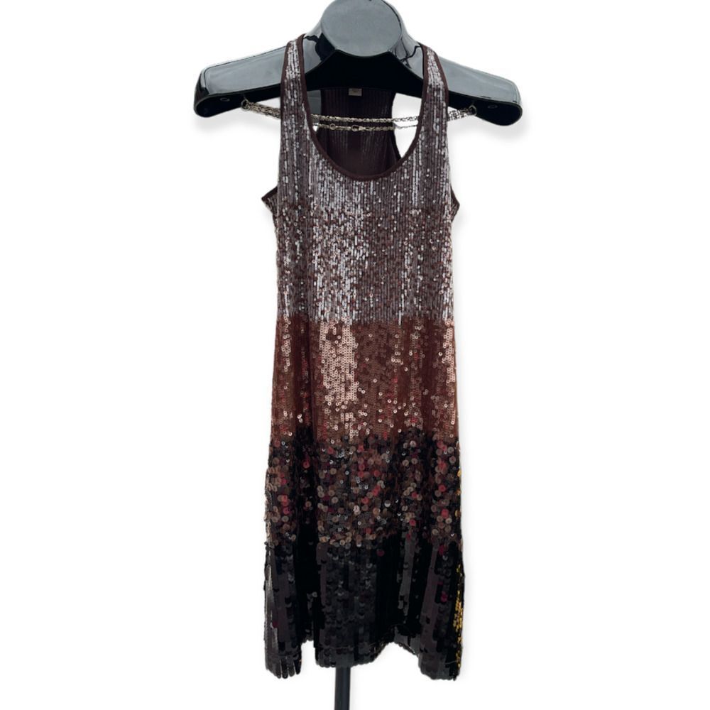Boston Proper Black Tan Gold Striped Sequin Tank Dress Size XS